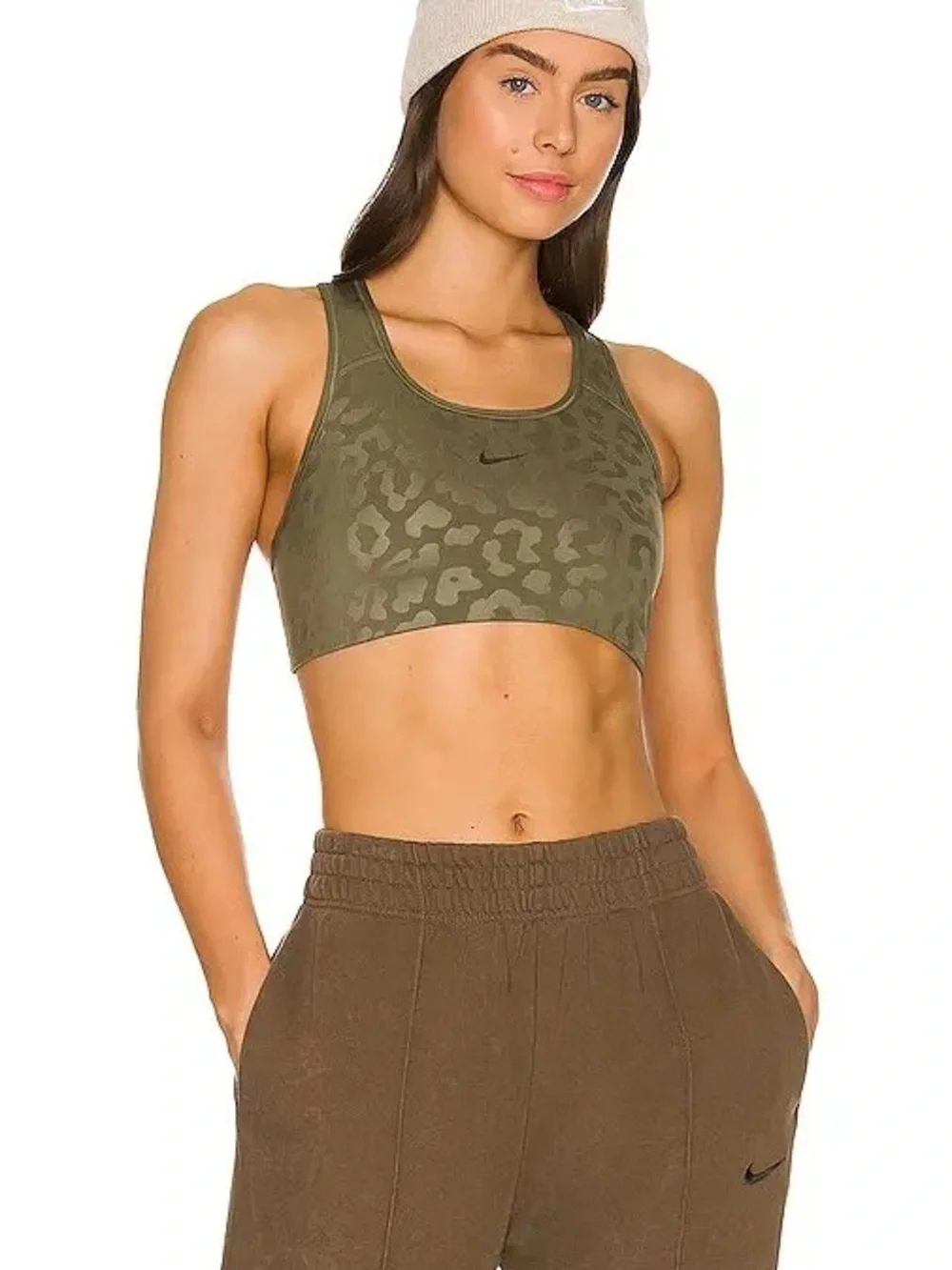 Nike Olive Green Leopard-Print Racerback Sports Bra and Leggings Size M